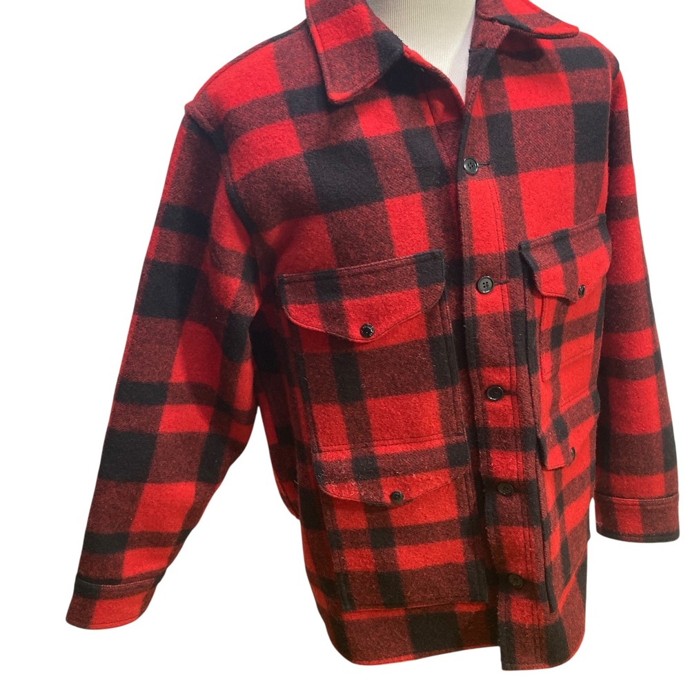 VTG Filson Mackinaw Cruiser Jacket Mens 46 Red Black Check Plaid Wool USA READ